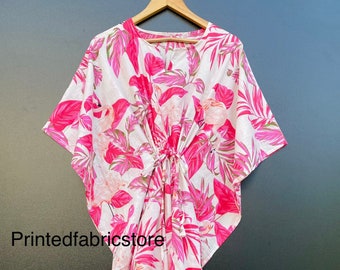 Paradise Bird Print Dames Kaftan, 100% katoen lichtgewicht zomerkaftan, strandkledingjurk, lange maxi-jurk nachtkleding