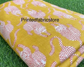 Mustard Tiger Cotton Fabric, Hand Block Print Quilting Fabric, 44 inch