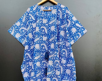 Hand Block Printed Cotton Caftan: Paisley Floral Tunic Dress