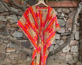 New Animal Print Soft Cotton kaftan Dress, Orange Caftan, Maxi Dress, Beach Cover Up, Bridesmaid Gift, Kaftan For