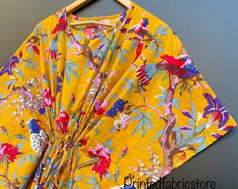 Paradise Bird Print Dames Kaftan, 100% katoen lichtgewicht zomerkaftan, strandkledingjurk, lange maxi-jurk nachtkleding