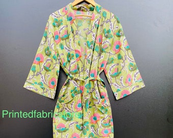 Handbedruckte Kimono-Robe aus Baumwolle - Leichter Bademantel mit Blumenmuster