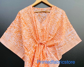 Summer Short Kaftan Dress Tunic Beach Cotton Top Hand Block Print Kaftan