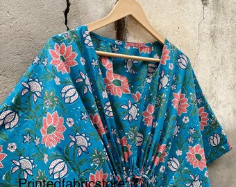 Hand Block Lotus Print kaftan/Cotton Long Caftan/Poncho Dress/Kaftan For Woman/Casual Lounge Wear/Cotton House Dress/Stylish Dress/Caftan