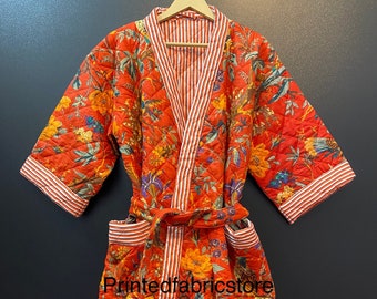 Bird Print Robes Reversible kimono~100%Cotton Quilted Sleepwear robes~Indian warm winter wear robe~ Quilted Kimono Indian Long jacket kimono