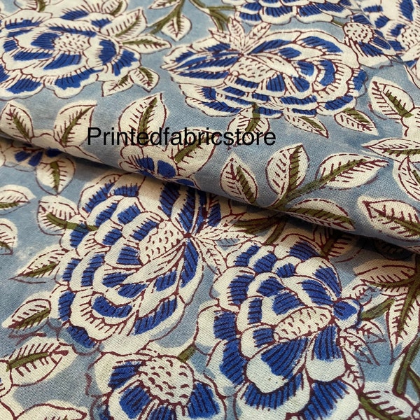 Hand Block Printed Blue Fabric, Cotton Fabric, Indian Fabric, fabric by yard, Block Printed Cotton womens clothing robe