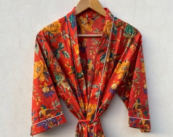 Vogelprint Indiase handgemaakte katoenen kimono-jurk, zomerkleding katoenen badjas, strandkleding zomerkimono-jurk