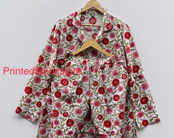Handmade Floral Block Print Cotton Pajama Set, Women's Sleepwear