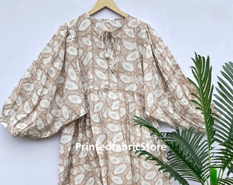 Hand Block Print Cotton Mini Dress, Bohemian Summer Top