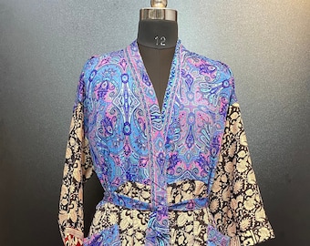 Patchwork zijden kimono, gebloemde Indiase sari-gewaad, strandkleed