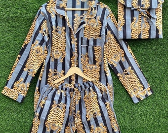 Handmade Indian Animal Print Cotton Pyjama Set for Women, Full Sleeve Shirt & Elastic Waist Trousers