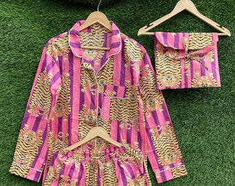 Handmade Cotton Pajama Set, Tiger Print, Indian Night Suit