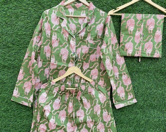 Handmade Animal Print Cotton Pajama Set, Indian Block Print