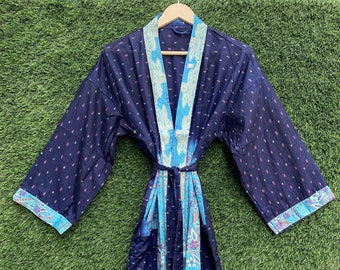 Blue silk robes-handmade silk night dress-beach cover up-maternity dress-maxi gown-vintage kimono-silk sari kimono