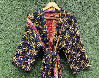 Cotton kantha jacket hand stitch kantha winter jacket long cardigan kimono style jacket bathrobe cotton quilt kimono