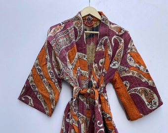 Handmade Kantha Quilted Cotton Jacket, Kimono Robe with Belt