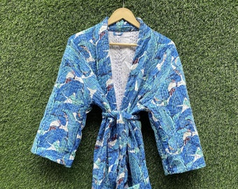 Printed kantha jacket Japanese kimono style Beach wear bohemian kantha robe winter jacket colored tie belt coat