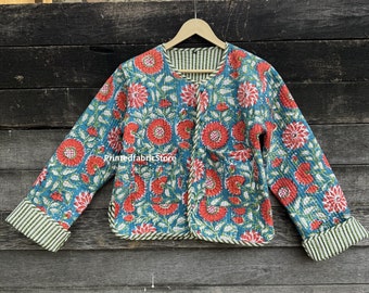 Giacca trapuntata in cotone floreale Giacca trapuntata fatta a mano stampata stile Boho Giacca da cappotto per regali da donna Giacca corta da festa