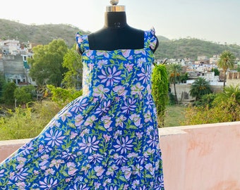 Handblock Print Cotton Summer Dress, Sleeveless Tiered Dress