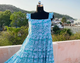 Vestido de verano de algodón con estampado artesanal, vestido sin mangas de volantes