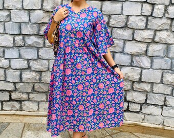 Blue Floral Cotton Dress, Hand Block Printed Short Summer Dress