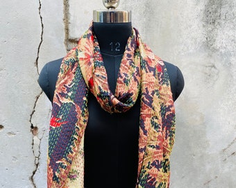 Hand-stitched Kantha Silk Scarf, Reversible Boho Shawl