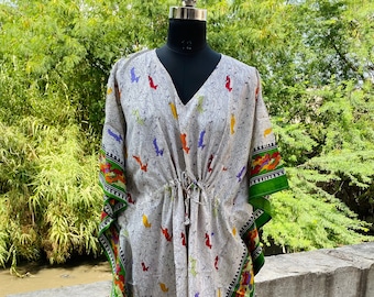 Handgemaakte kunstzijden kaftan, boho loungejurk, grote maat