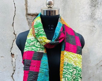 Handmade Kantha Silk Scarf: Bohemian Patchwork, Reversible Stole
