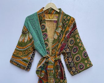 Giacca trapuntata Kantha in cotone indiano vintage, cappotto kimono boho