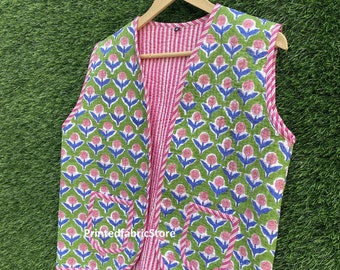 Green Floral Block Print Quilted Cotton Vest - Handmade