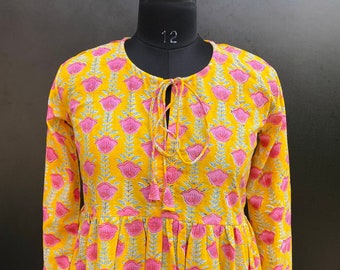 Hand Block Printed Cotton Dress, Indian Floral Summer Dress