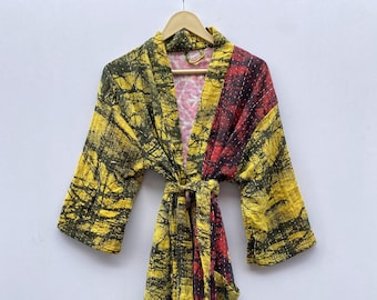 Vintage Kantha Kimono Jacket, Reversible Cotton Robe, One Size