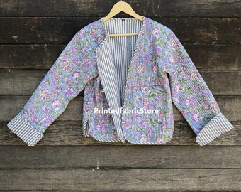 Floral Quilted Jacket Block Print Short Jacket Cotton Jacket Cotton Reversible Jacket Partywear Jacket and Coat