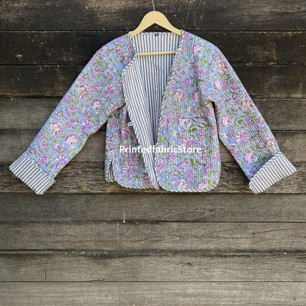 Floral Quilted Jacket Block Print Short Jacket Cotton Jacket Cotton Reversible Jacket Partywear Jacket and Coat