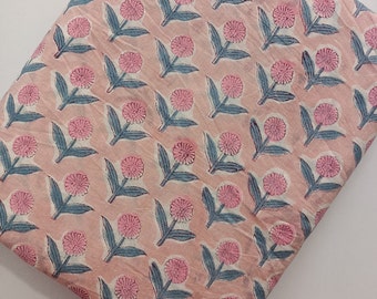 Rosa Blumen Block Print Baumwollstoff, indischer Kleiderstoff Meterware
