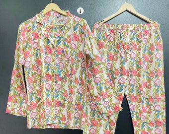 Handmade Floral Block Print Cotton Pajama Set, Bohemian Loungewear