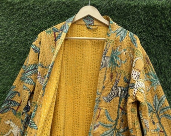 Giacca kantha stampata e cucita a mano con giacca trapuntata in stile kimono, kimono giapponese kantha, cappotto invernale