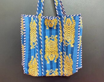 Tiger Print Tote Bag, Handmade Quilted Indian Cotton Shopper