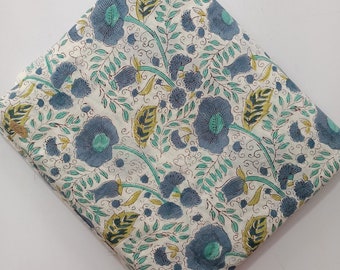 Grey Hand Block Floral Print Indian Cotton Voile Fabric Dressmaking Running Fabric