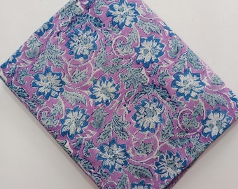 May include: Purple fabric with a blue and white floral print. The fabric is folded in half and has a smooth texture.