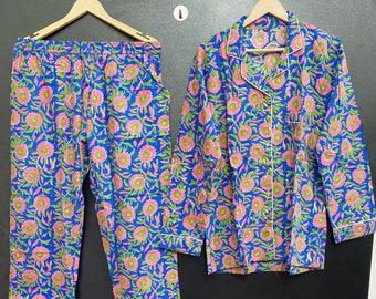 Floral Cotton Pajama Set, Indian Hand Block Print Nightwear