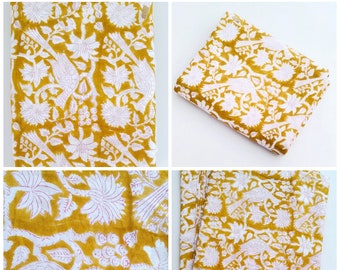 Gele bloemenhandblokprint Indiase handgemaakte 100% katoenen stof voor kleding Materiaal Stof op maat gesneden Naaistof Quiltstof