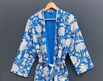 Kantha Robe,Block print Kantha Jacket, handmade Floral Print kantha jacket, Japanese style kantha robe, winter jacket, boho tie belt coat