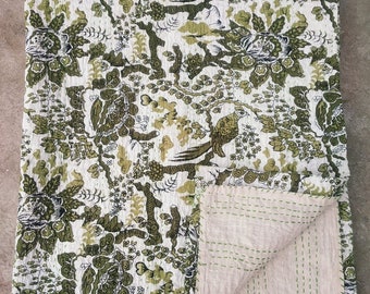 Handmade Floral Kantha Quilt, 100% Cotton Throw Blanket (90x108)