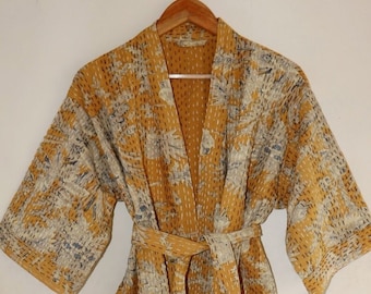 Handmade Floral Print kantha jacket Japanese kimono style Beach wear bohemian kantha robe winter jacket Mustred colored tie belt coat