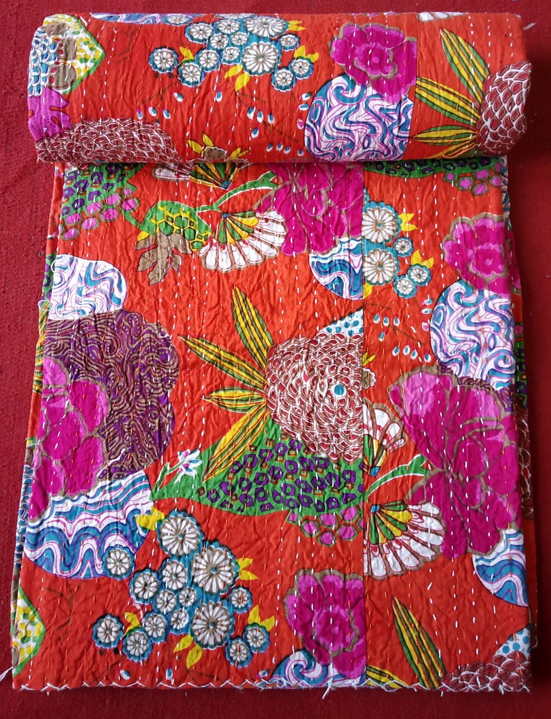 Indian Handmade Frida Kahlo Kantha Quilt Reversible Bedspread Twin/Single Cotton