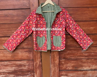 Red Floral Print Cotton Quilted Short Jacket, Handmade - Etsy