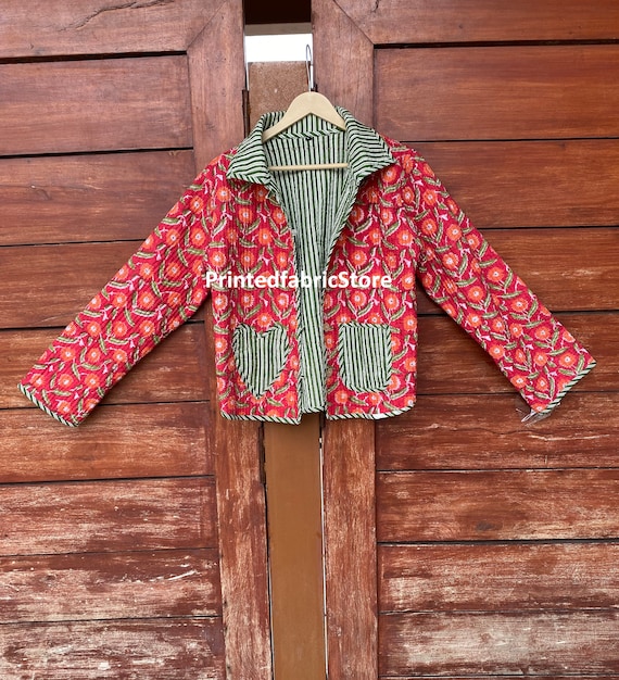 Red Floral Print Cotton Quilted Short Jacket, Handmade - Etsy