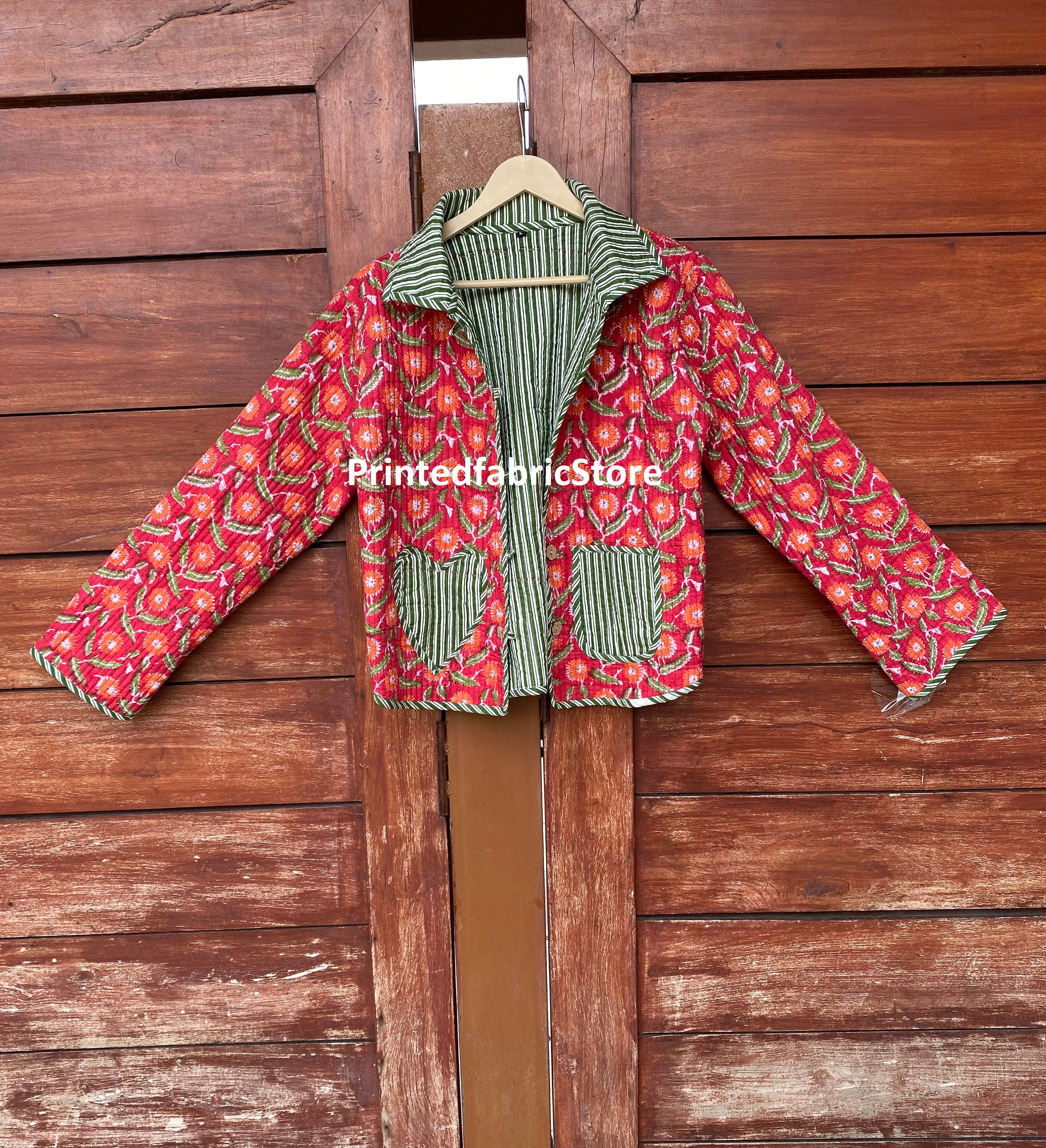Red Floral Print Jacket New Style Cotton Short Jacket Women's