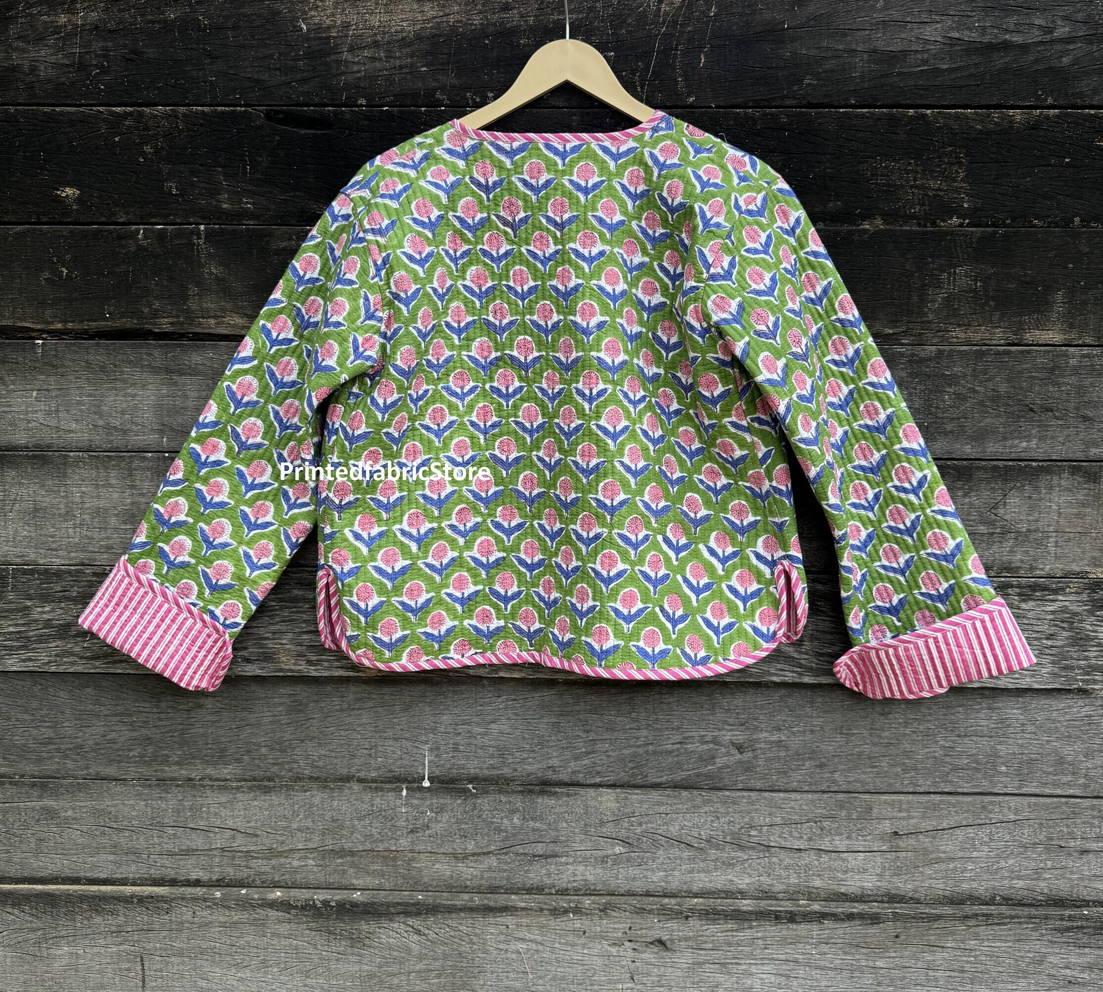 Green Floral Block Print Jacket Cotton Quilted Short Jacket